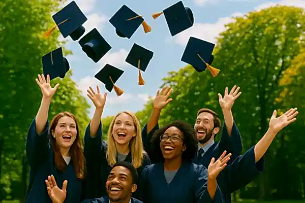 group of graduates throwing hat in air