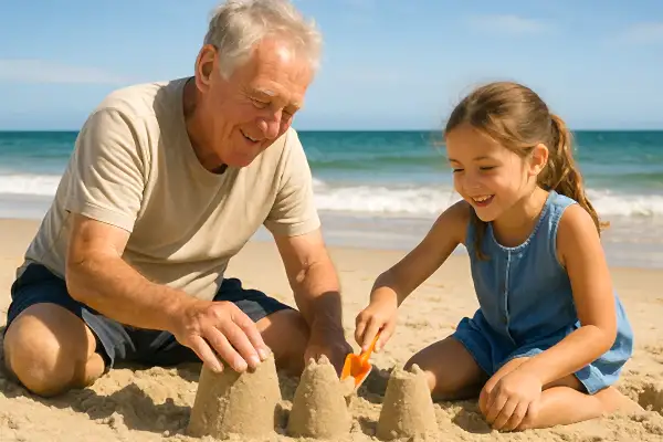 grandfather and grandaughter building sand castles