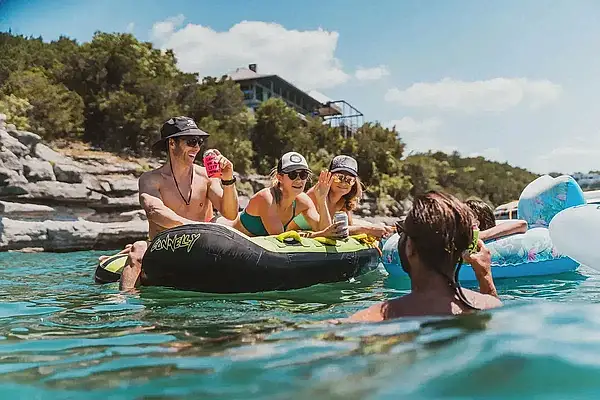 group of friends in the sea