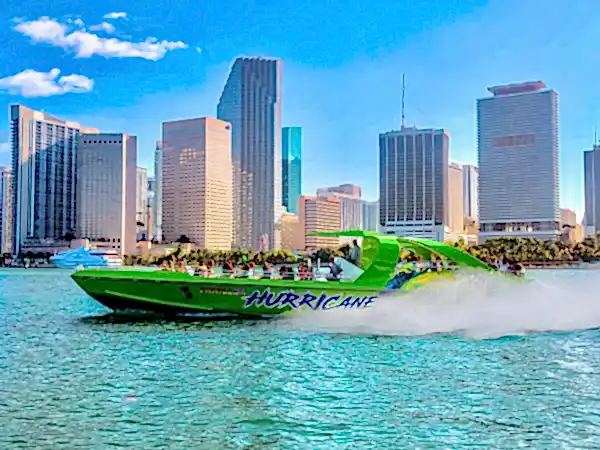Speed boat with skyline background